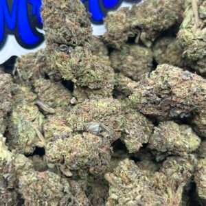 Cherry Burger strain by Skunkhouse Genetics — dense violet and green buds with amber trichomes